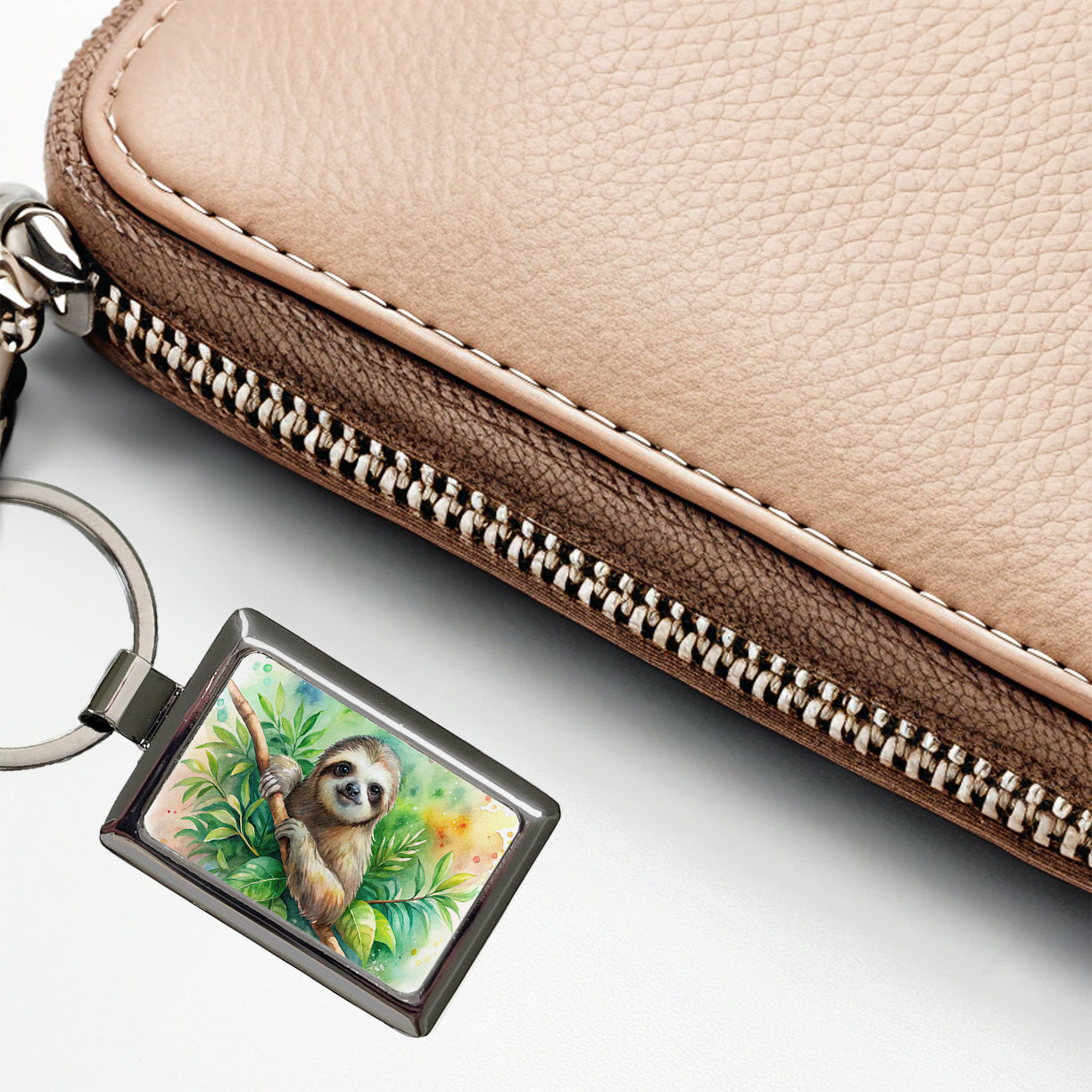 Sloth In A Tree Watercolor Rectangle Metal Keychain