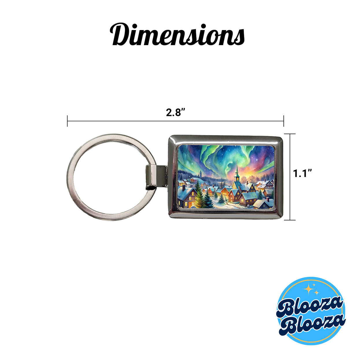 Small Town Northern Lights Watercolor Rectangle Metal Keychain