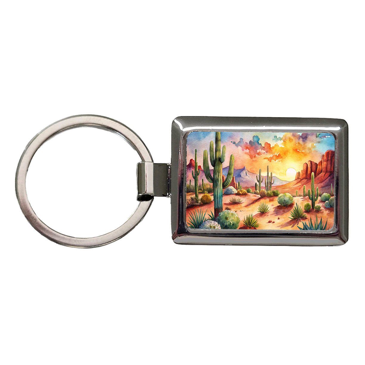 Southwest Desert Cactus Watercolor Rectangle Metal Keychain