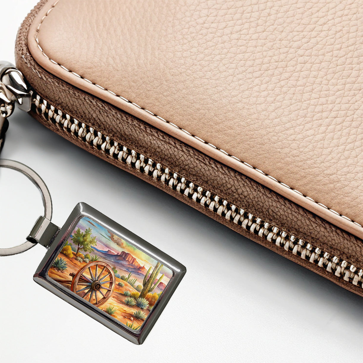 Southwest Desert With Abandoned Wagon Wheel Watercolor Rectangle Metal Keychain