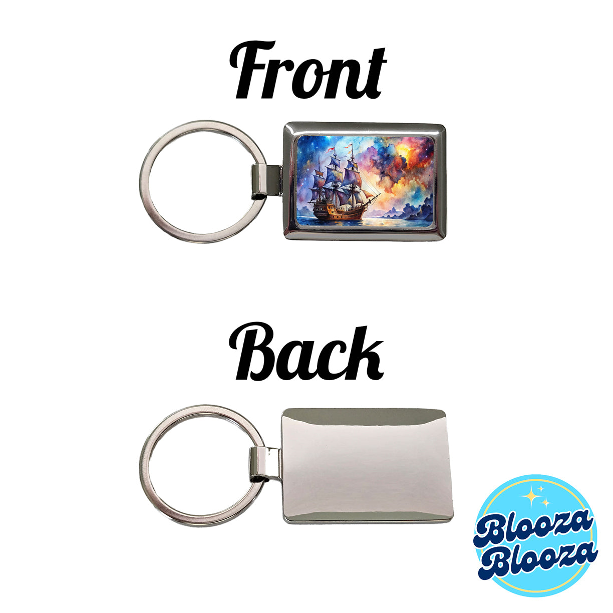 Space Pirate Ship Watercolor Rectangle Metal Keychain