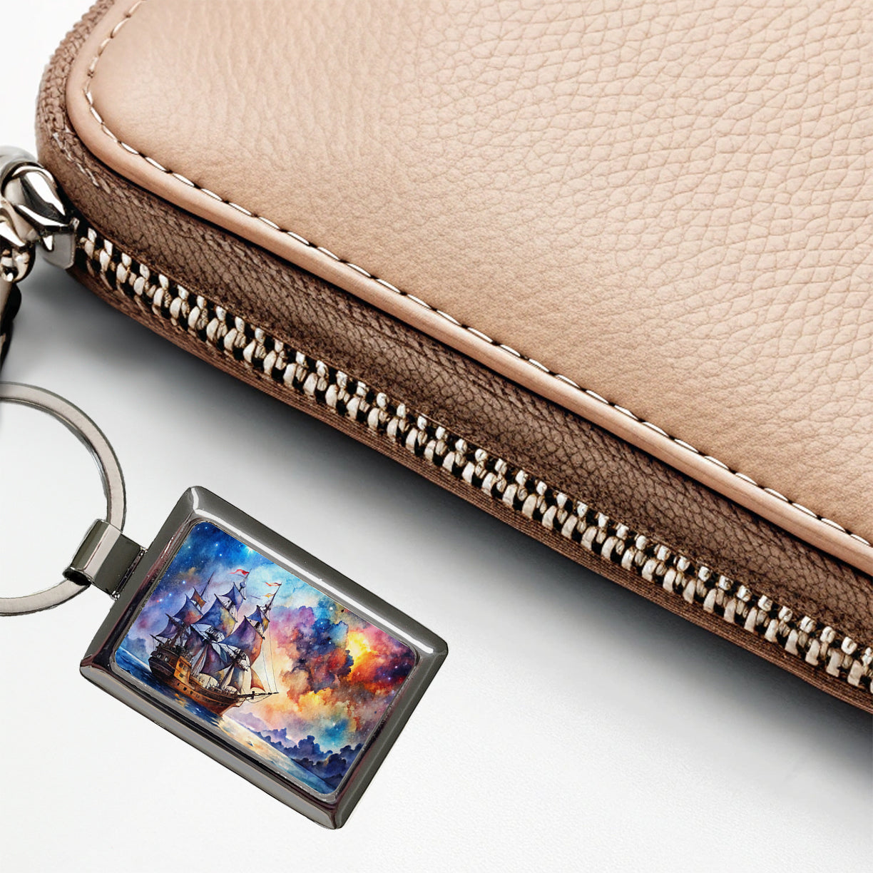 Space Pirate Ship Watercolor Rectangle Metal Keychain