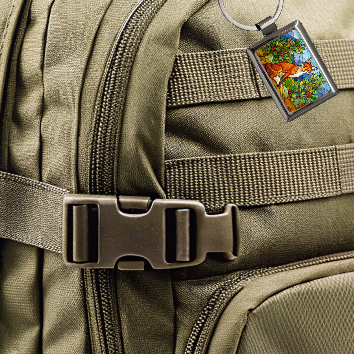 Stained Glass Fox Sitting Rectangle Metal Keychain