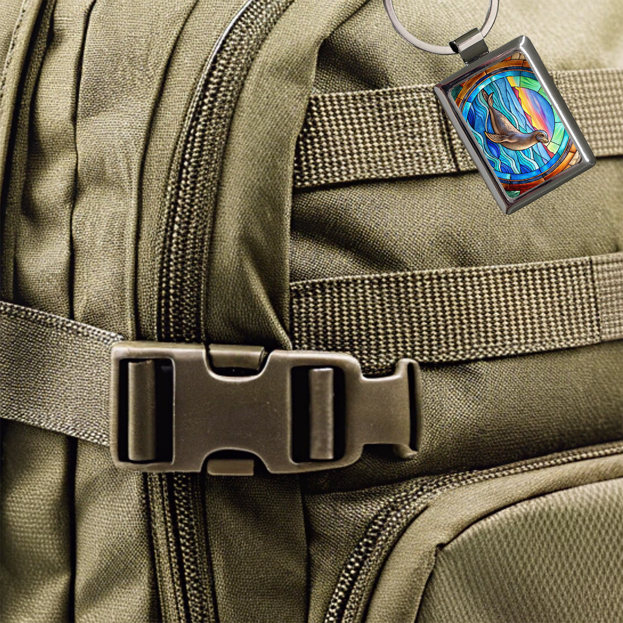 Stained Glass Seal In The Ocean Rectangle Metal Keychain