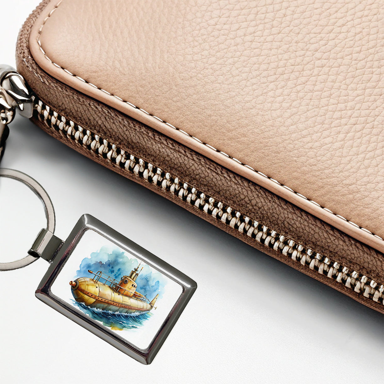 Steampunk Sci-fi Fantasy Retro Submarine Watercolor Rectangle Metal Keychain