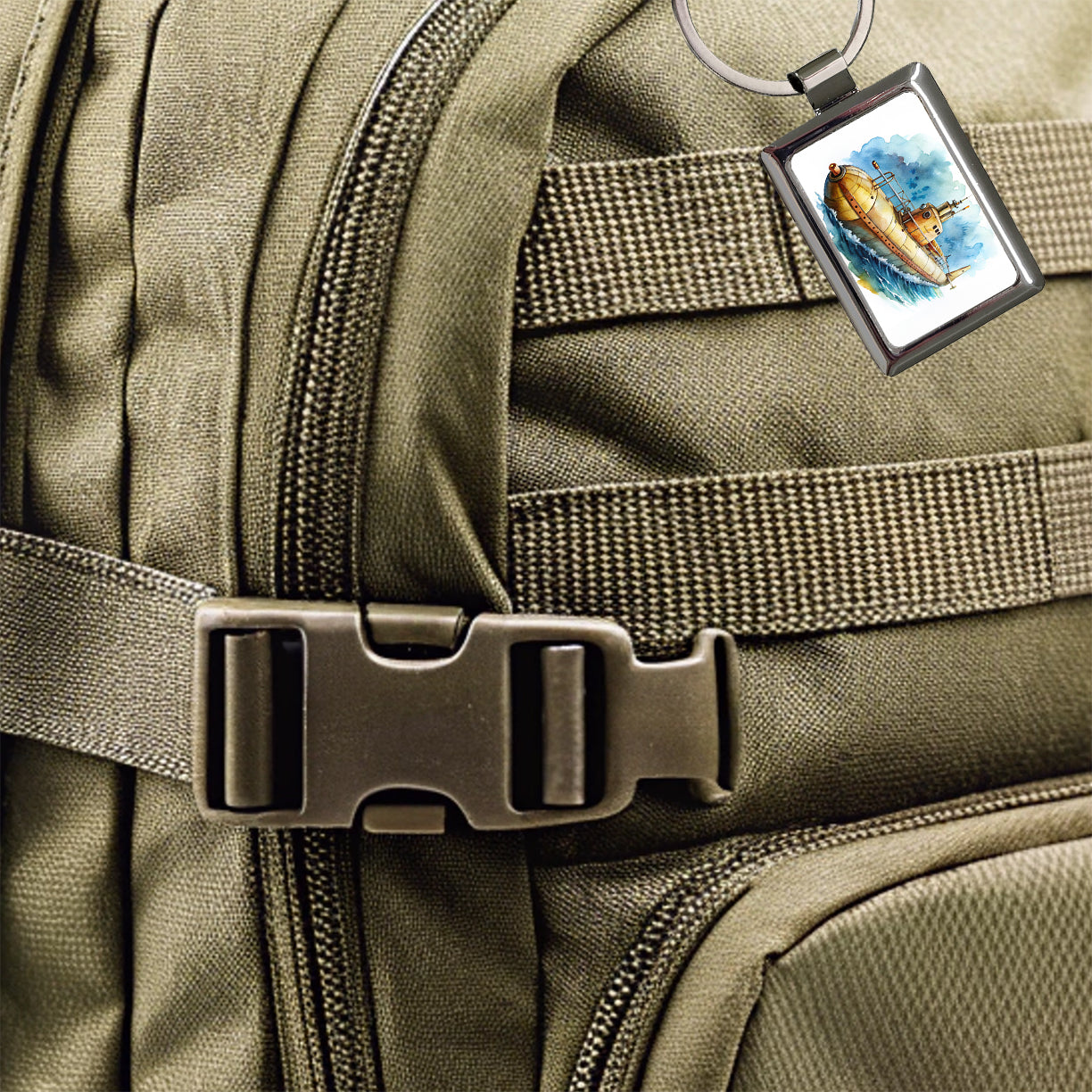 Steampunk Sci-fi Fantasy Retro Submarine Watercolor Rectangle Metal Keychain