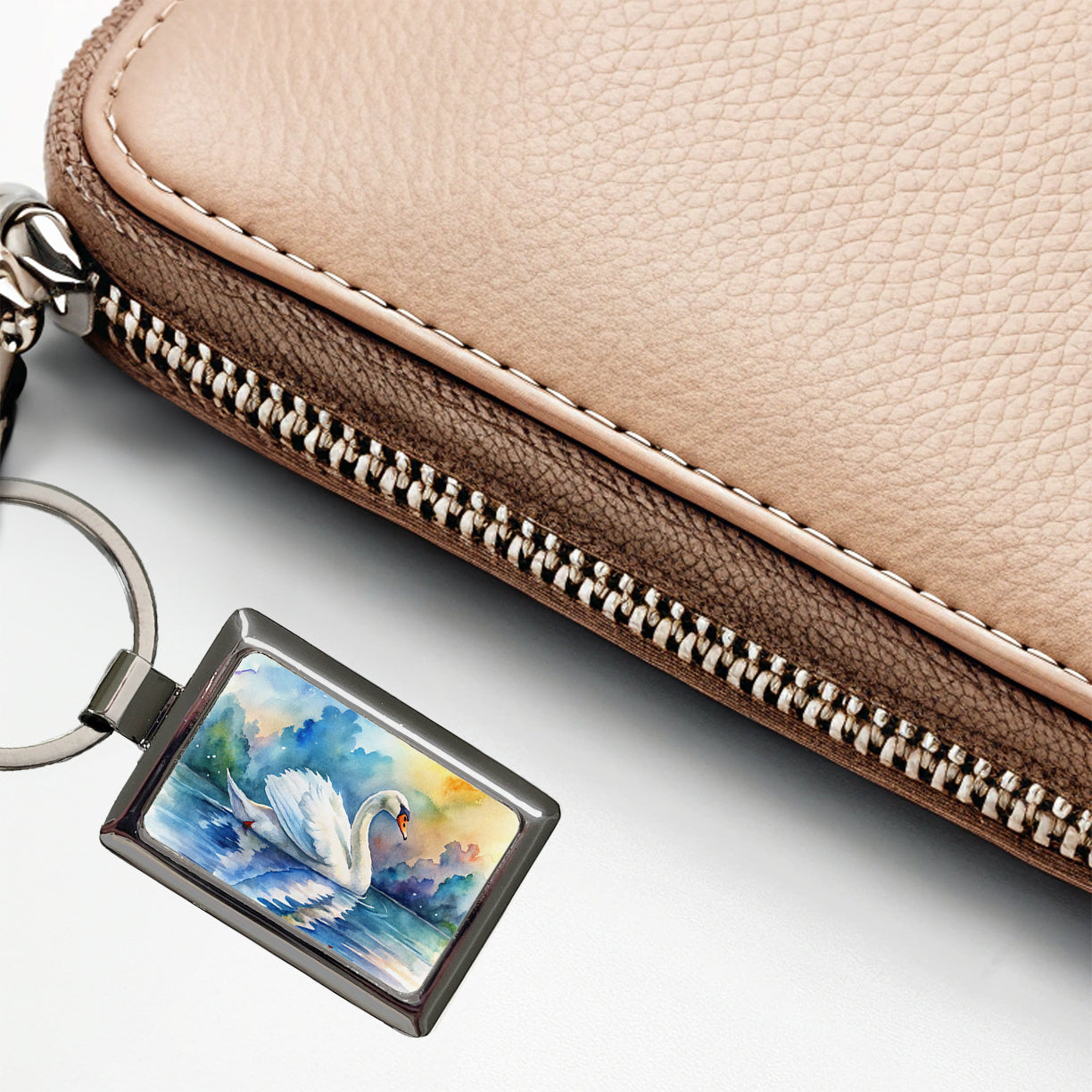 Swan Gliding Across Lake Watercolor Rectangle Metal Keychain