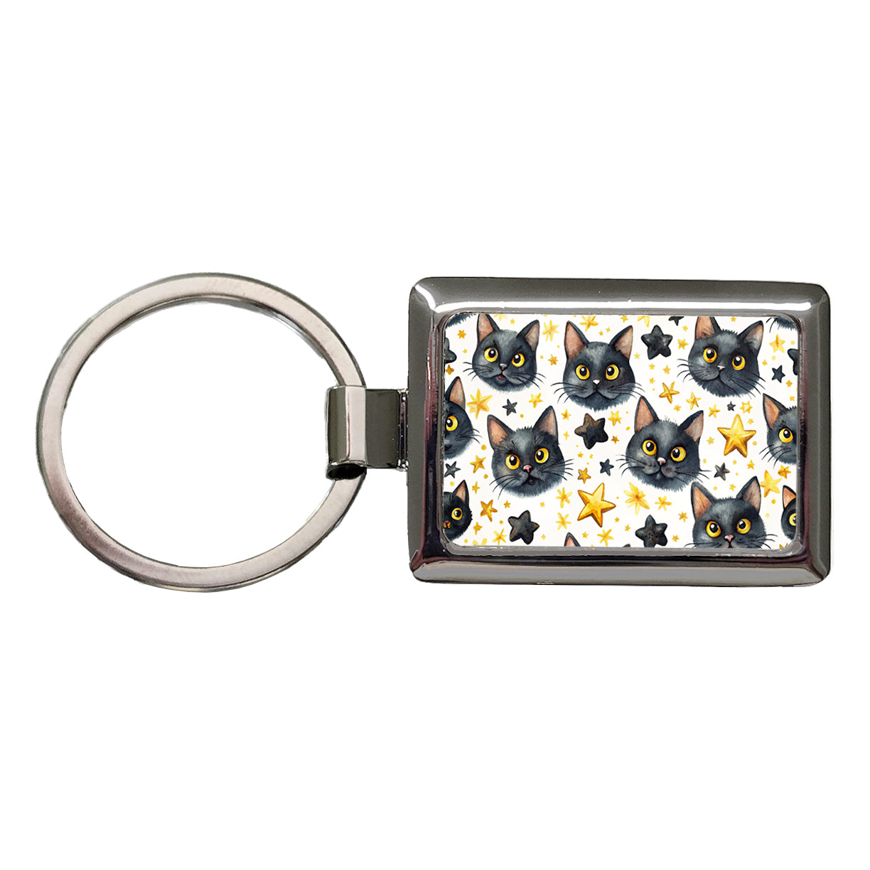 Sweet Black Cat Faces Yellow Stars Rectangle Metal Keychain