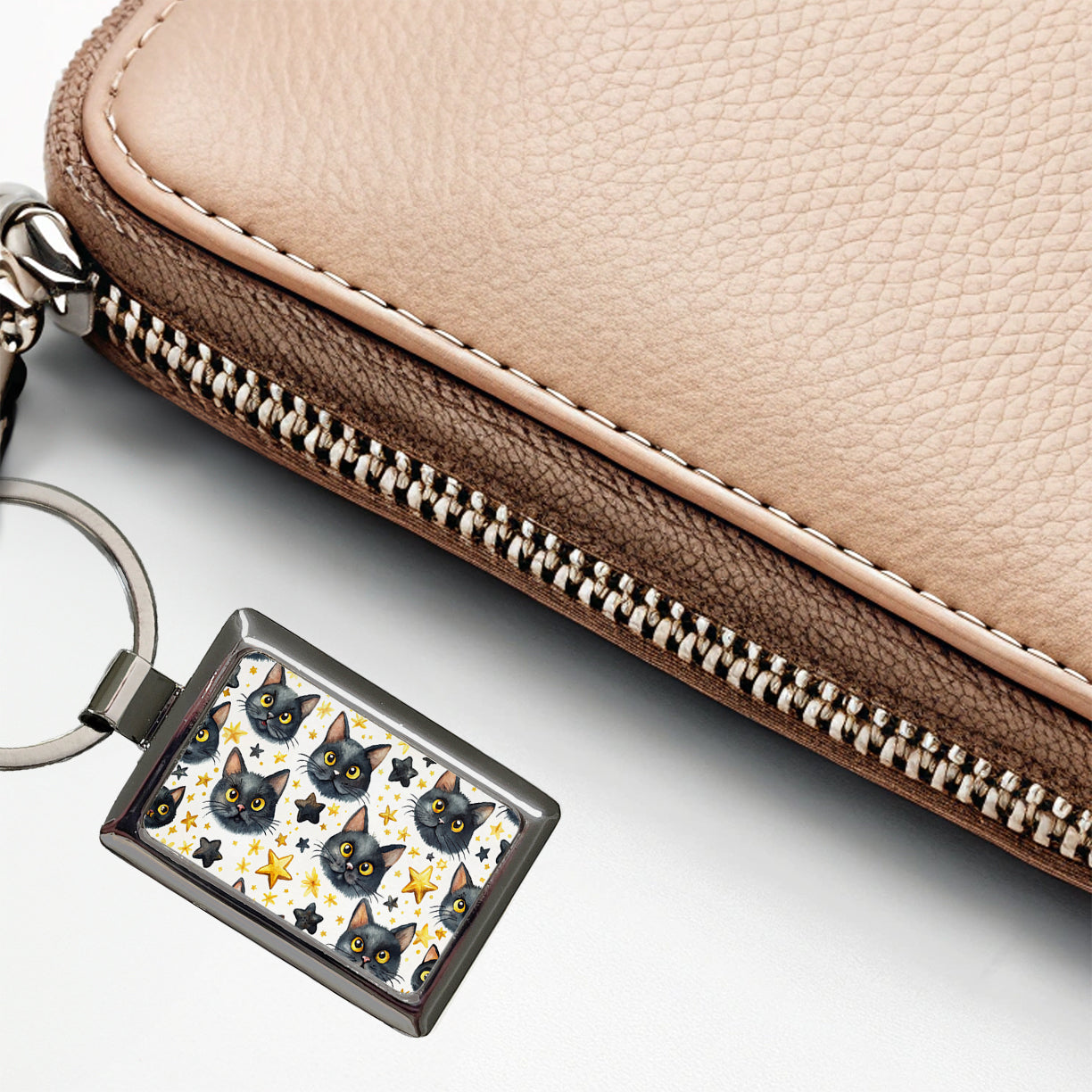 Sweet Black Cat Faces Yellow Stars Rectangle Metal Keychain