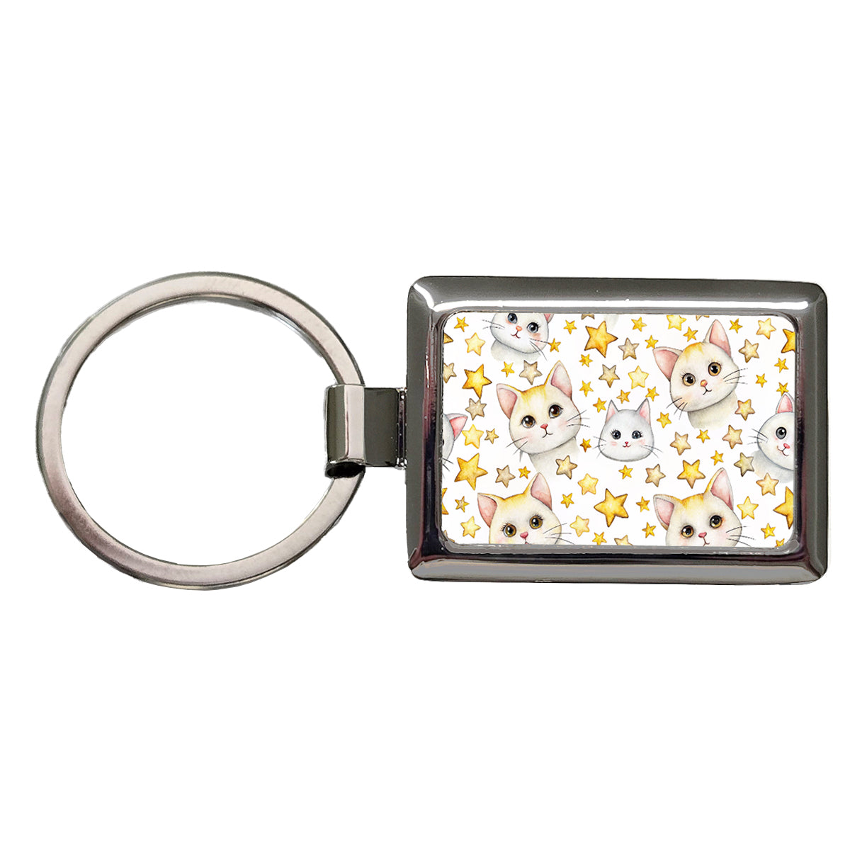 Sweet White Cats Yellow Stars Rectangle Metal Keychain