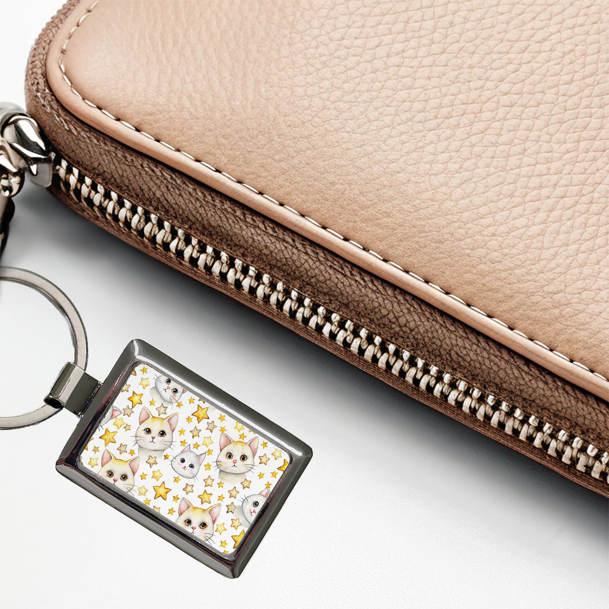 Sweet White Cats Yellow Stars Rectangle Metal Keychain