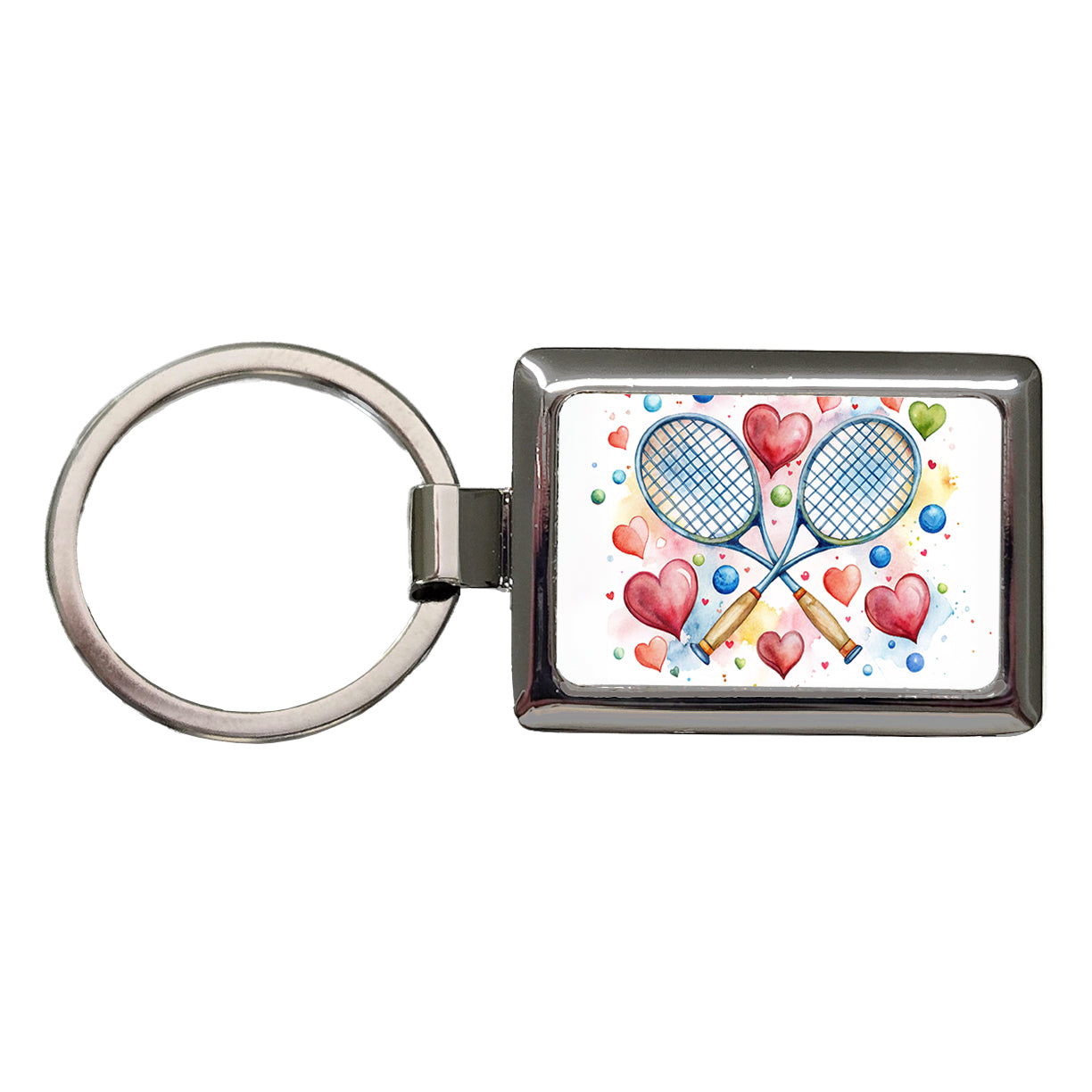 Tennis Rackets Crossed With Hearts Watercolor Rectangle Metal Keychain