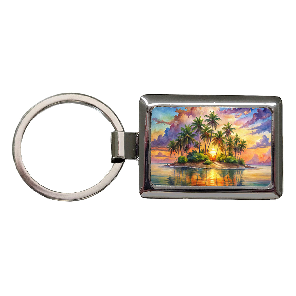 Tropical Deserted Island At Sunrise Watercolor Rectangle Metal Keychain
