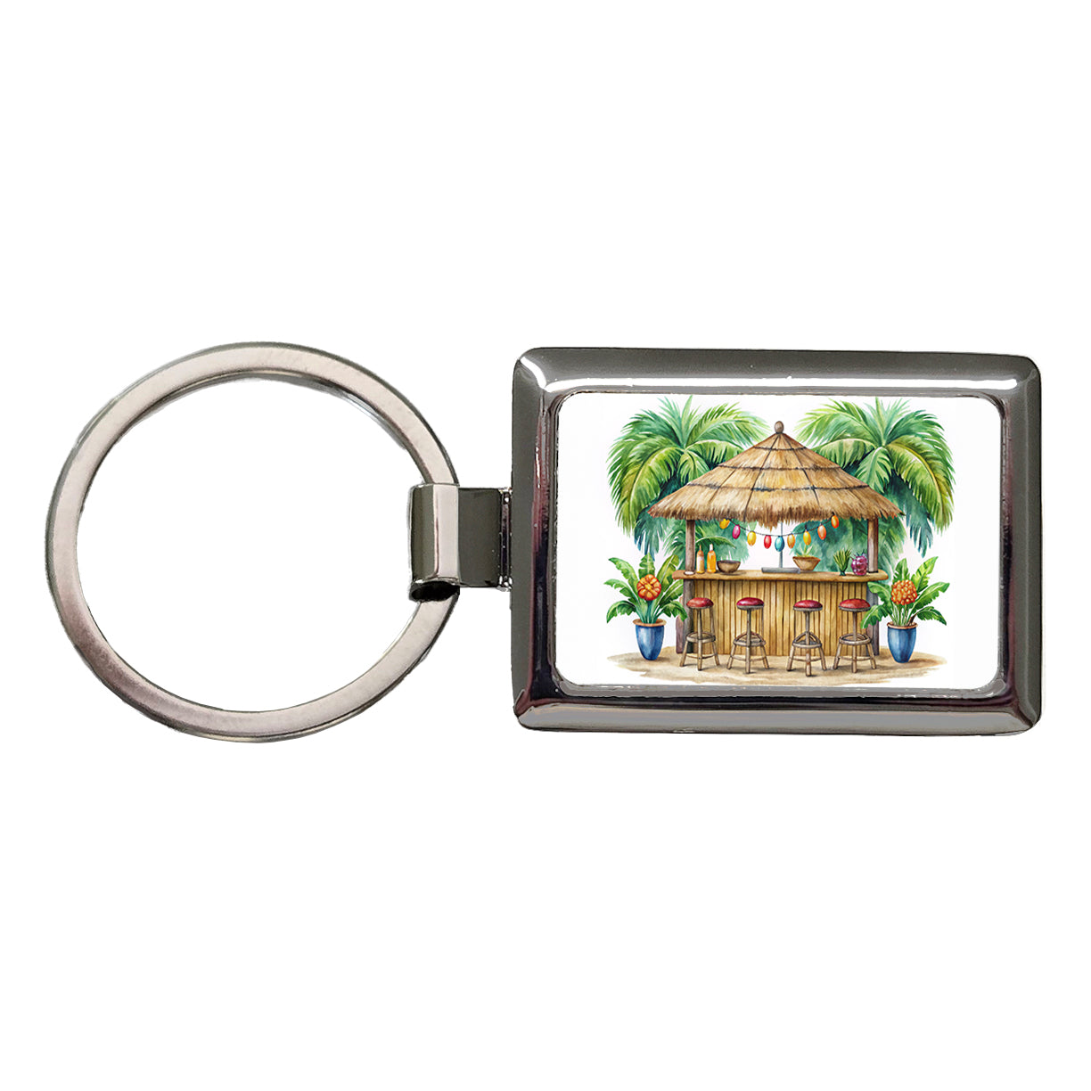 Tropical Resort Beach Tiki Bar Watercolor Rectangle Metal Keychain