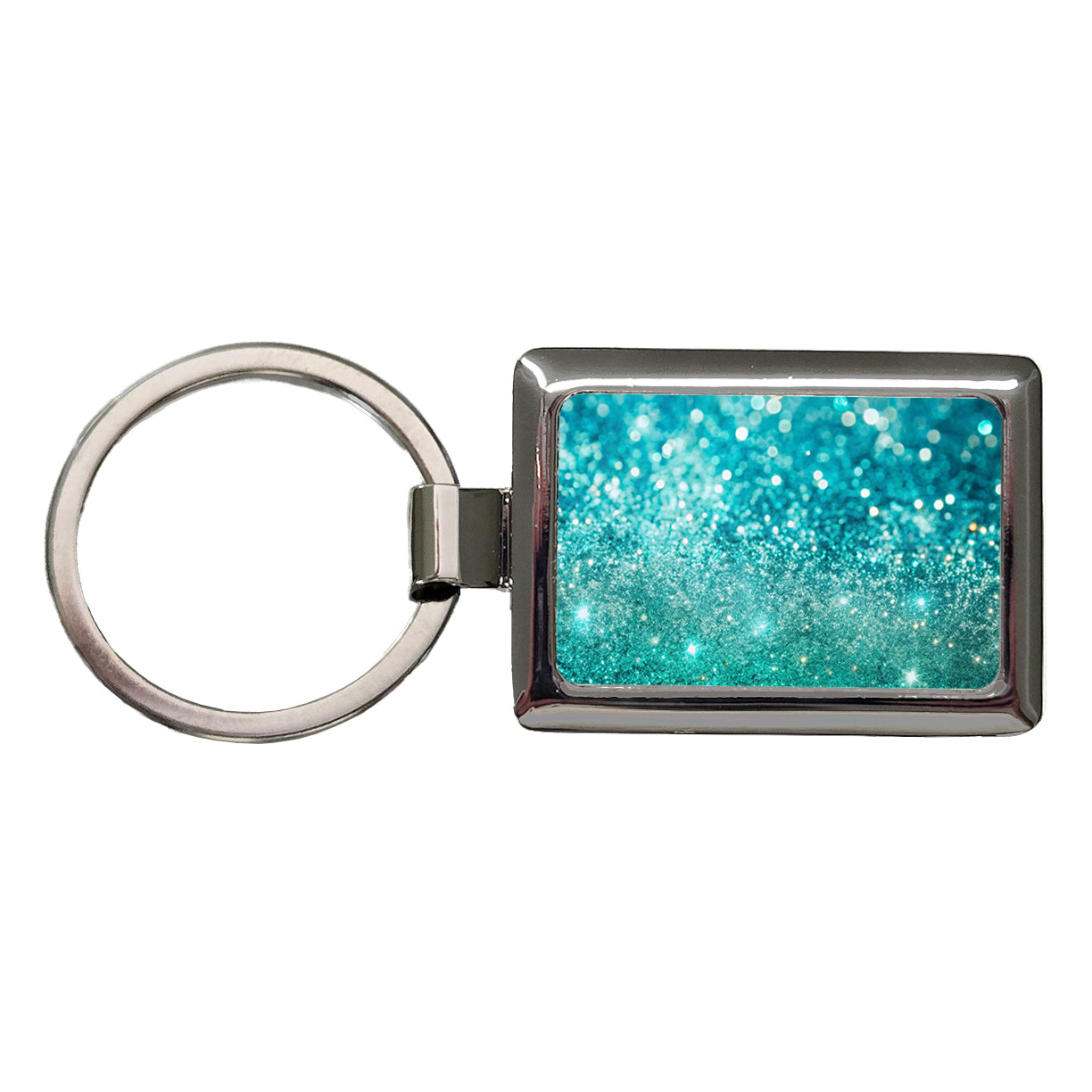Turquoise Faux Glitter Rectangle Metal Keychain