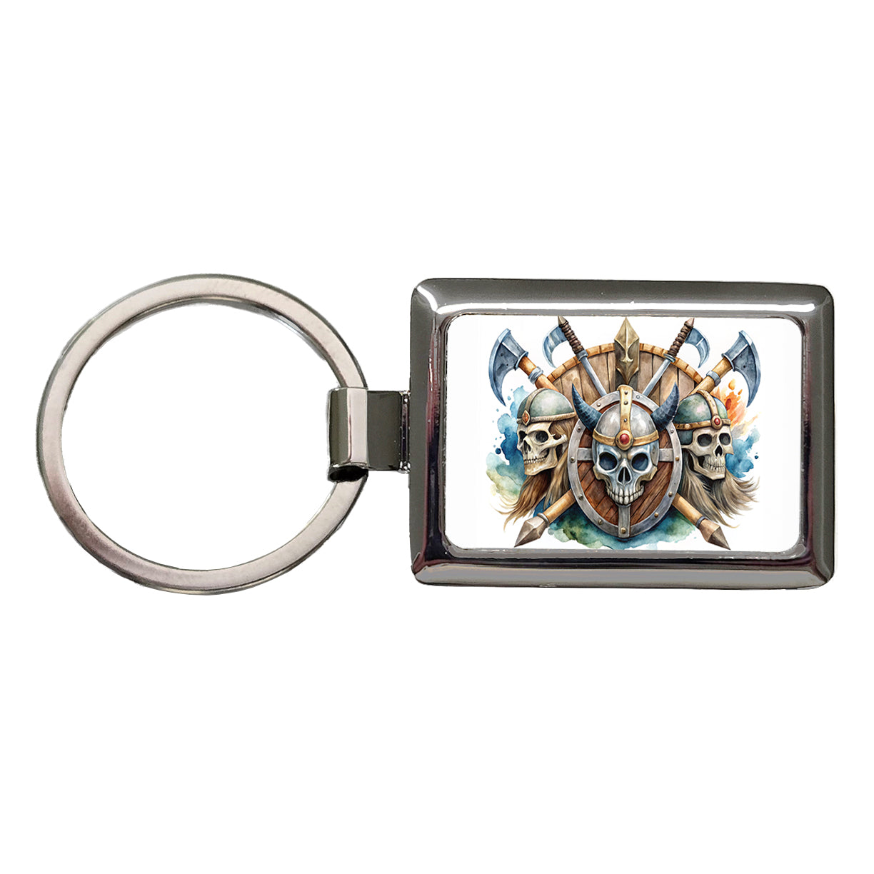 Viking Axes Shields And Skulls Watercolor Rectangle Metal Keychain