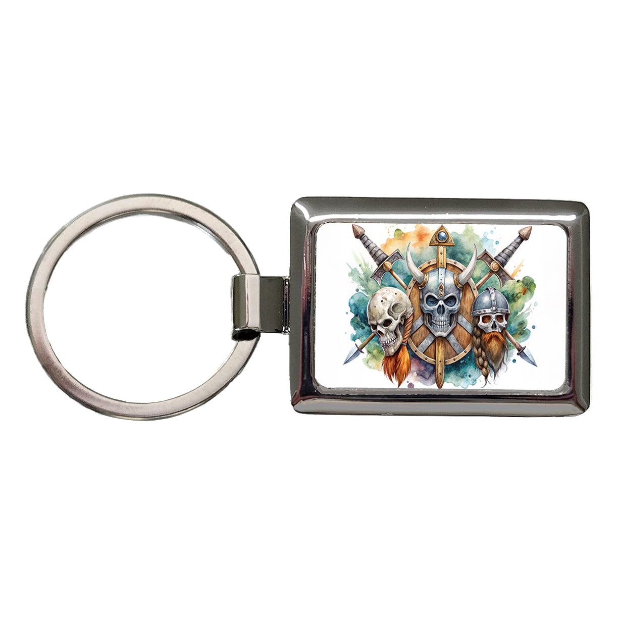 Viking Symbols Shields Swords Skulls Watercolor Rectangle Metal Keychain