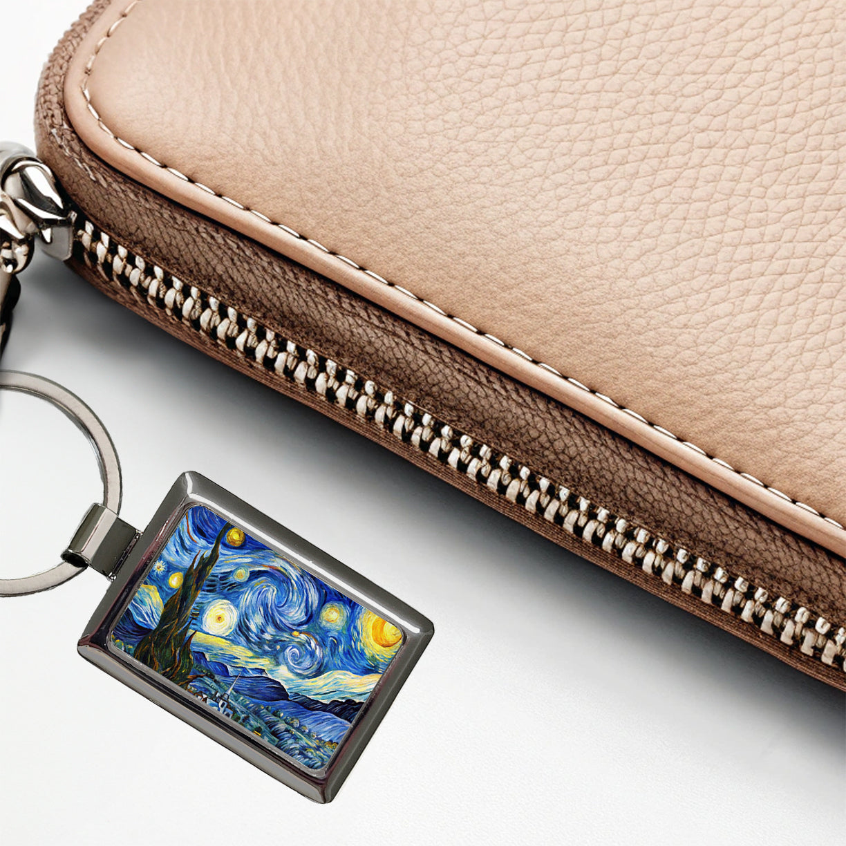 Watercolor Faux Van Gogh Starry Night Rectangle Metal Keychain