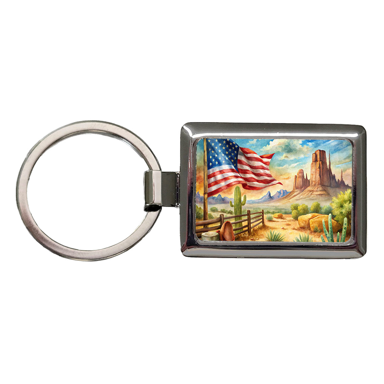 Western Americana American Flag Country Watercolor Rectangle Metal Keychain