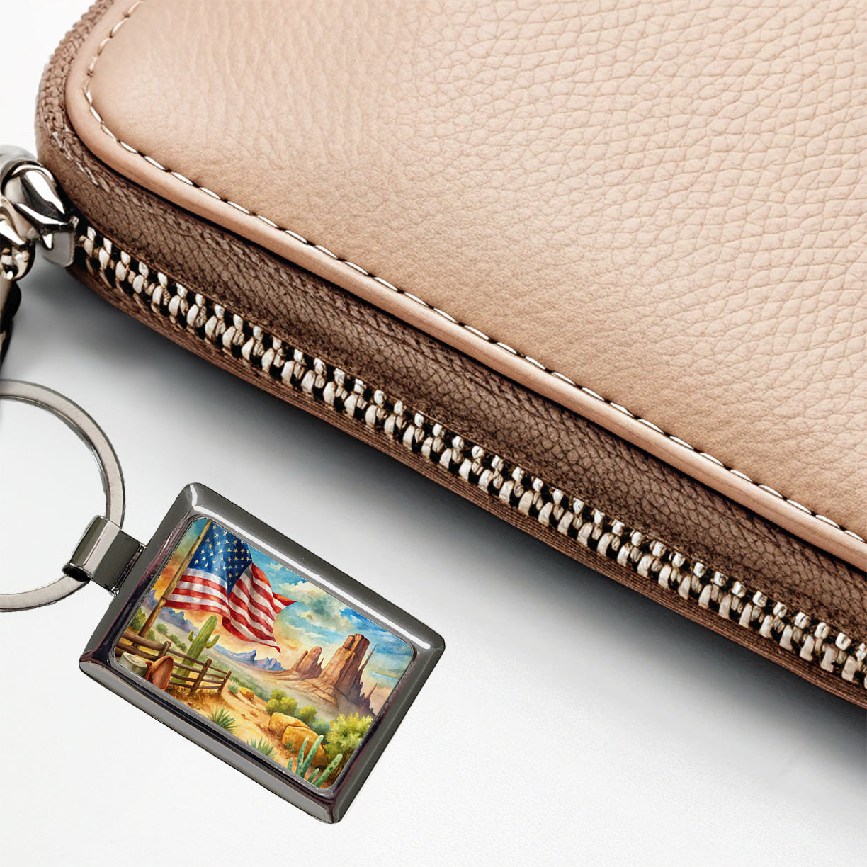Western Americana American Flag Country Watercolor Rectangle Metal Keychain