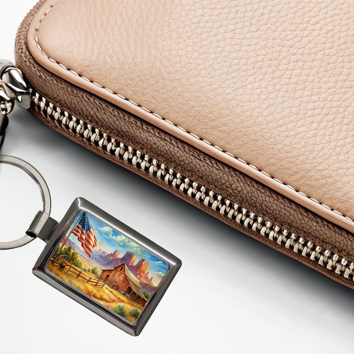 Western Americana Country Flag Ranch Wagon Wheel Rectangle Metal Keychain