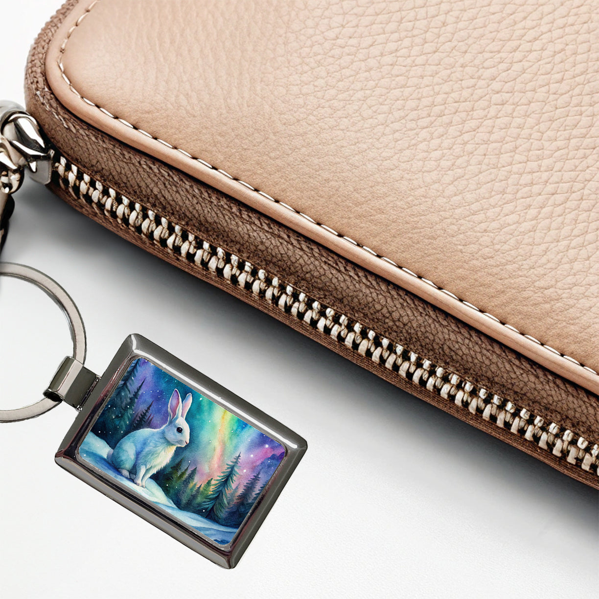 White Bunny Rabbit And Northern Lights Watercolor Rectangle Metal Keychain