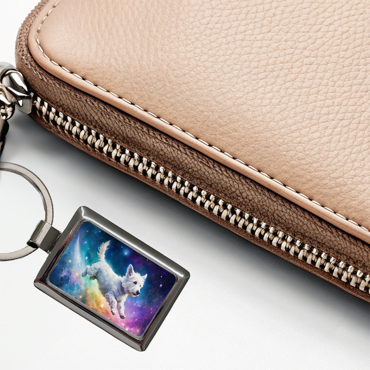 White Dog Flying Through Space Funny Watercolor Rectangle Metal Keychain