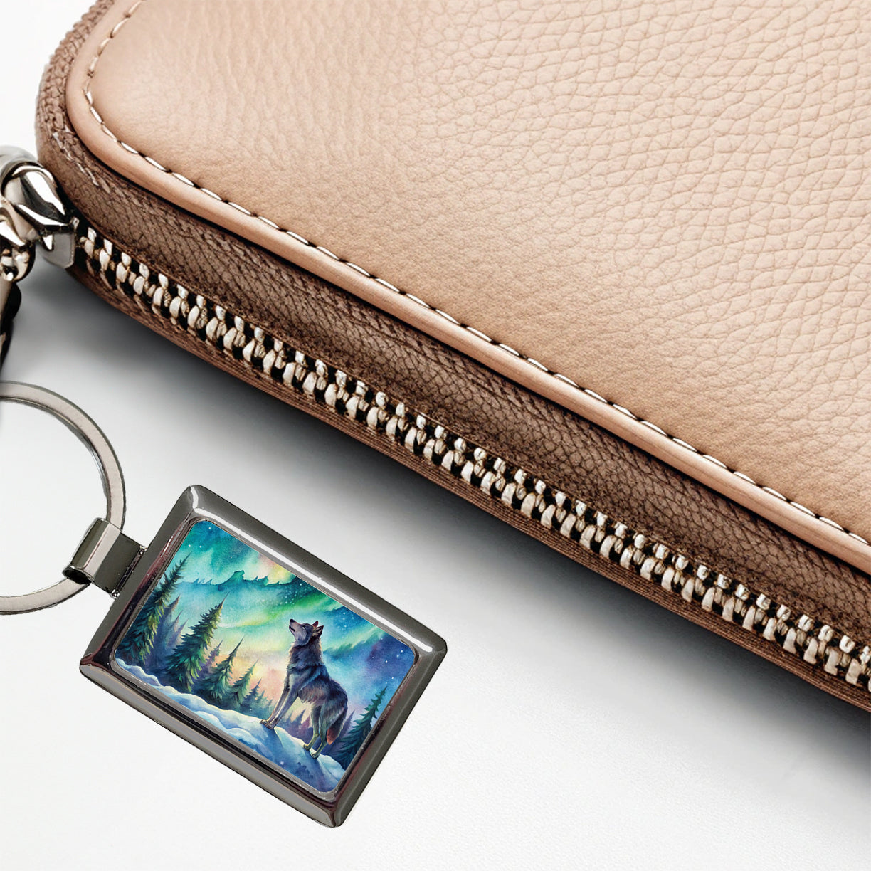 Wolf And Northern Lights Watercolor Rectangle Metal Keychain