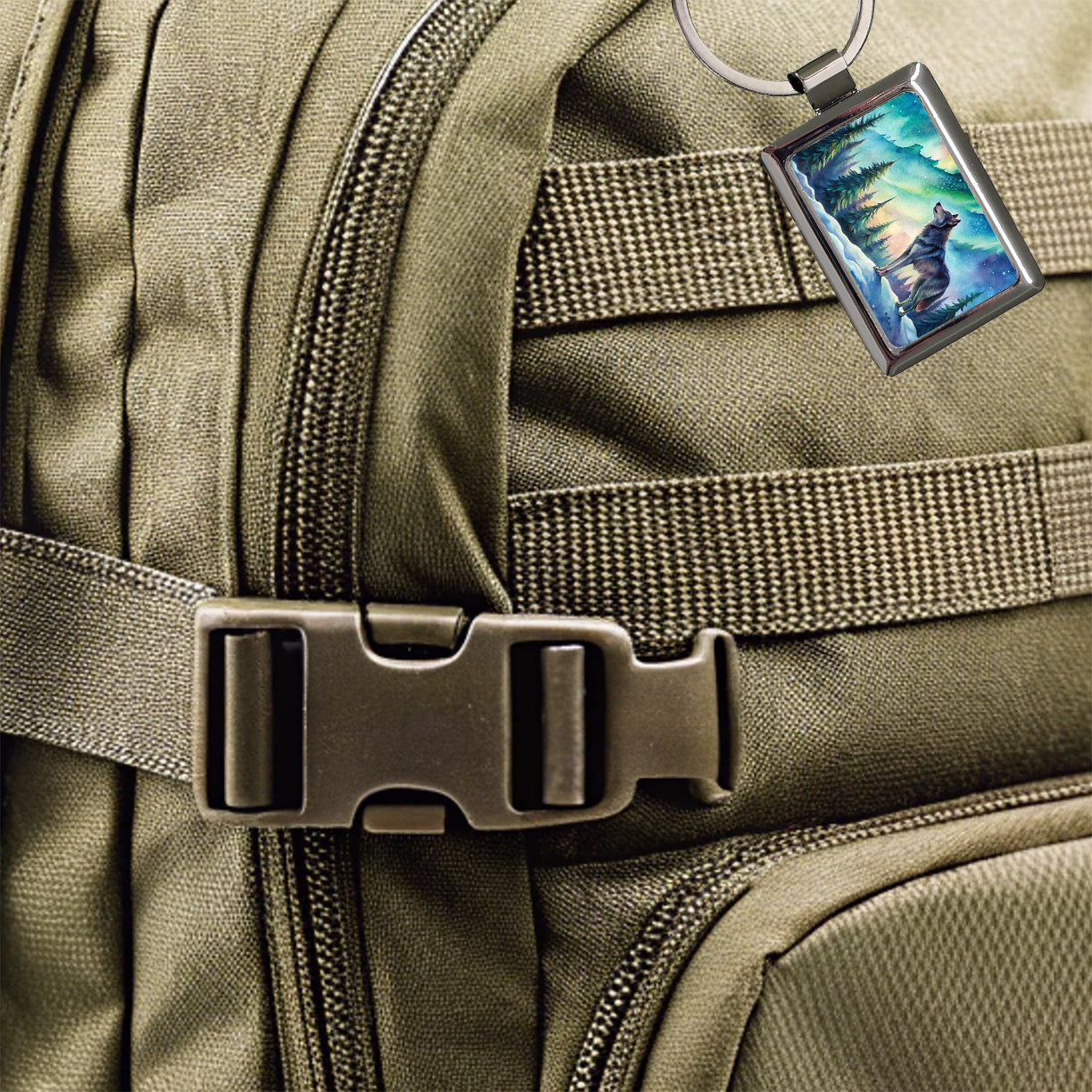 Wolf And Northern Lights Watercolor Rectangle Metal Keychain
