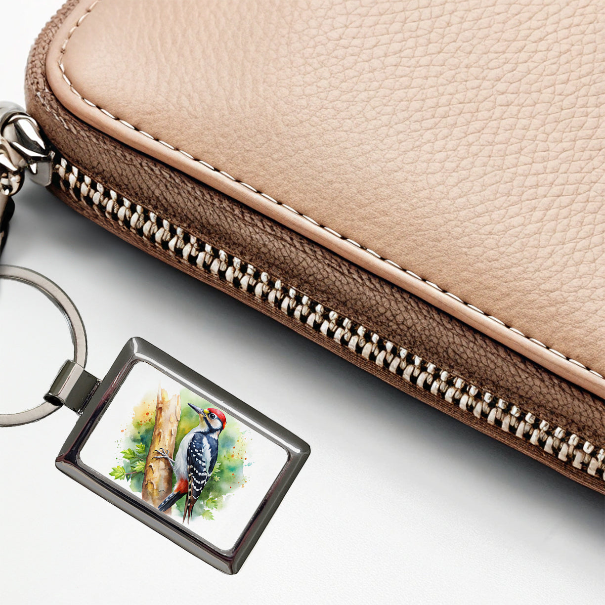 Woodpecker In Tree Bird Watercolor Rectangle Metal Keychain