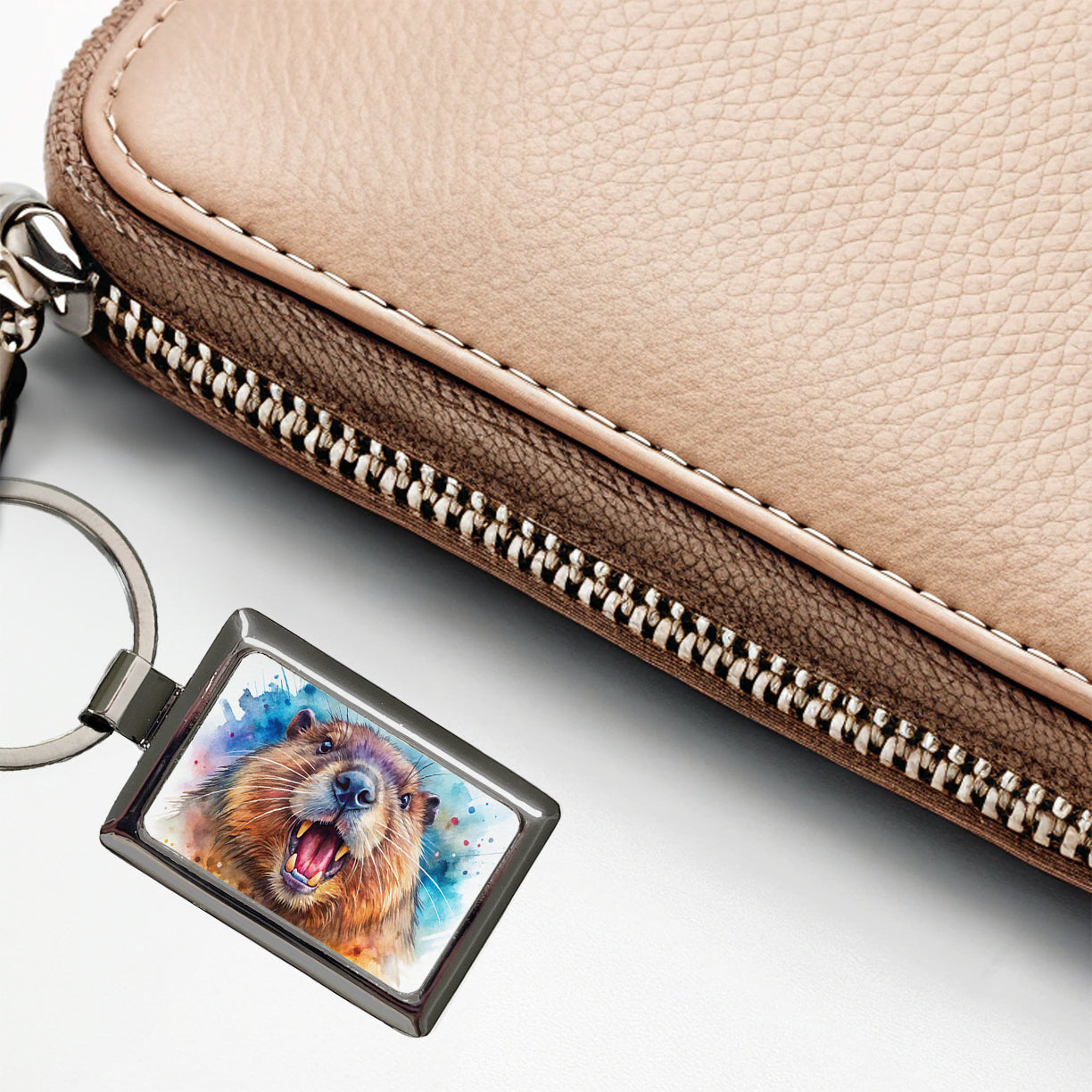Angry Beaver Watercolor Rectangle Metal Keychain