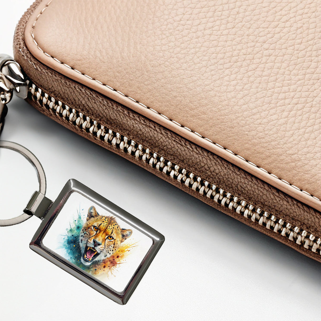 Angry Cheetah Watercolor Rectangle Metal Keychain