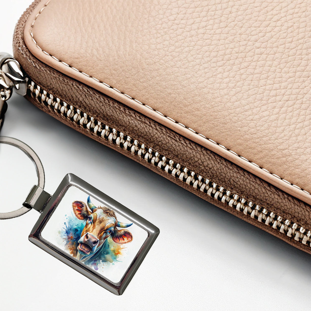 Angry Cow Watercolor Rectangle Metal Keychain