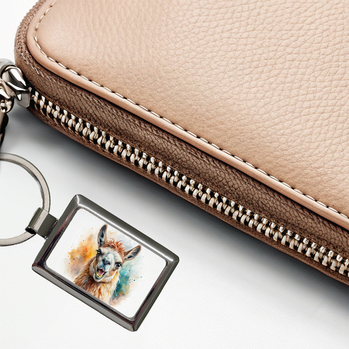 Angry Llama Watercolor Rectangle Metal Keychain