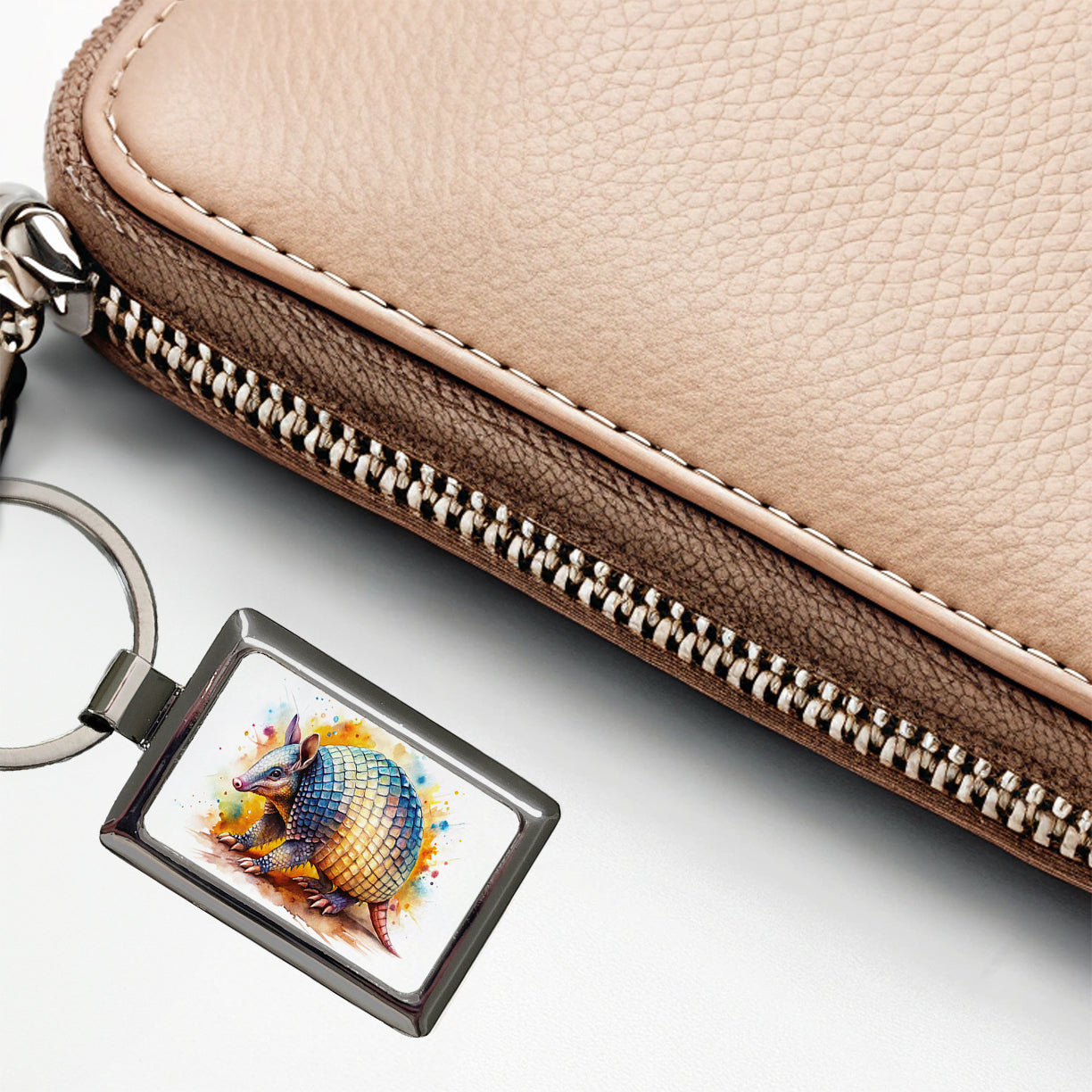 Armadillo Watercolor Rectangle Metal Keychain