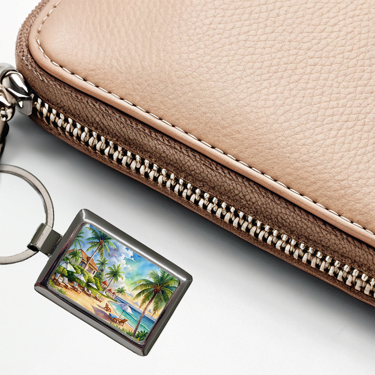 Beach Resort Tropical Scene Watercolor Rectangle Metal Keychain