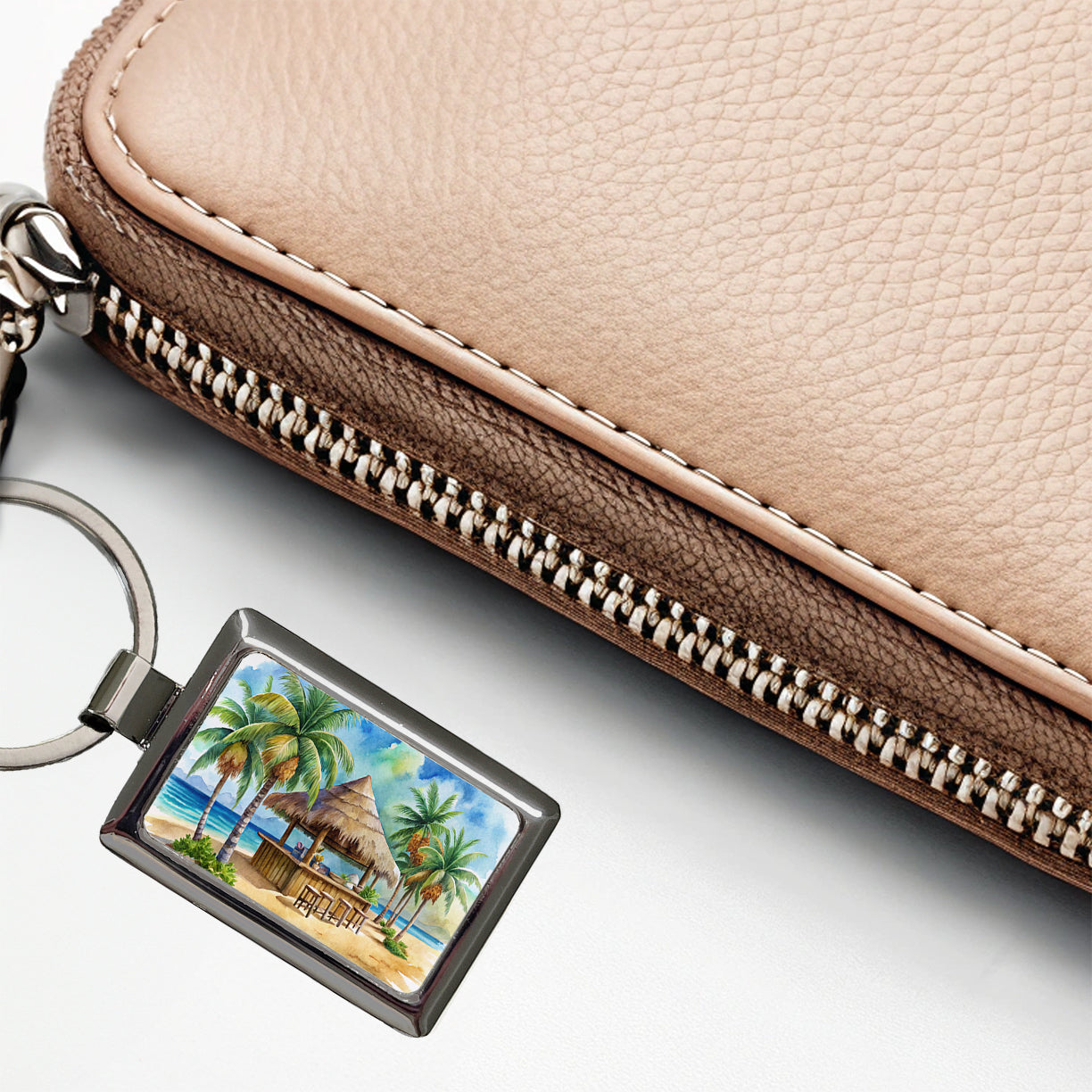 Beach Resort Tropical Scene With Tiki Bar Rectangle Metal Keychain