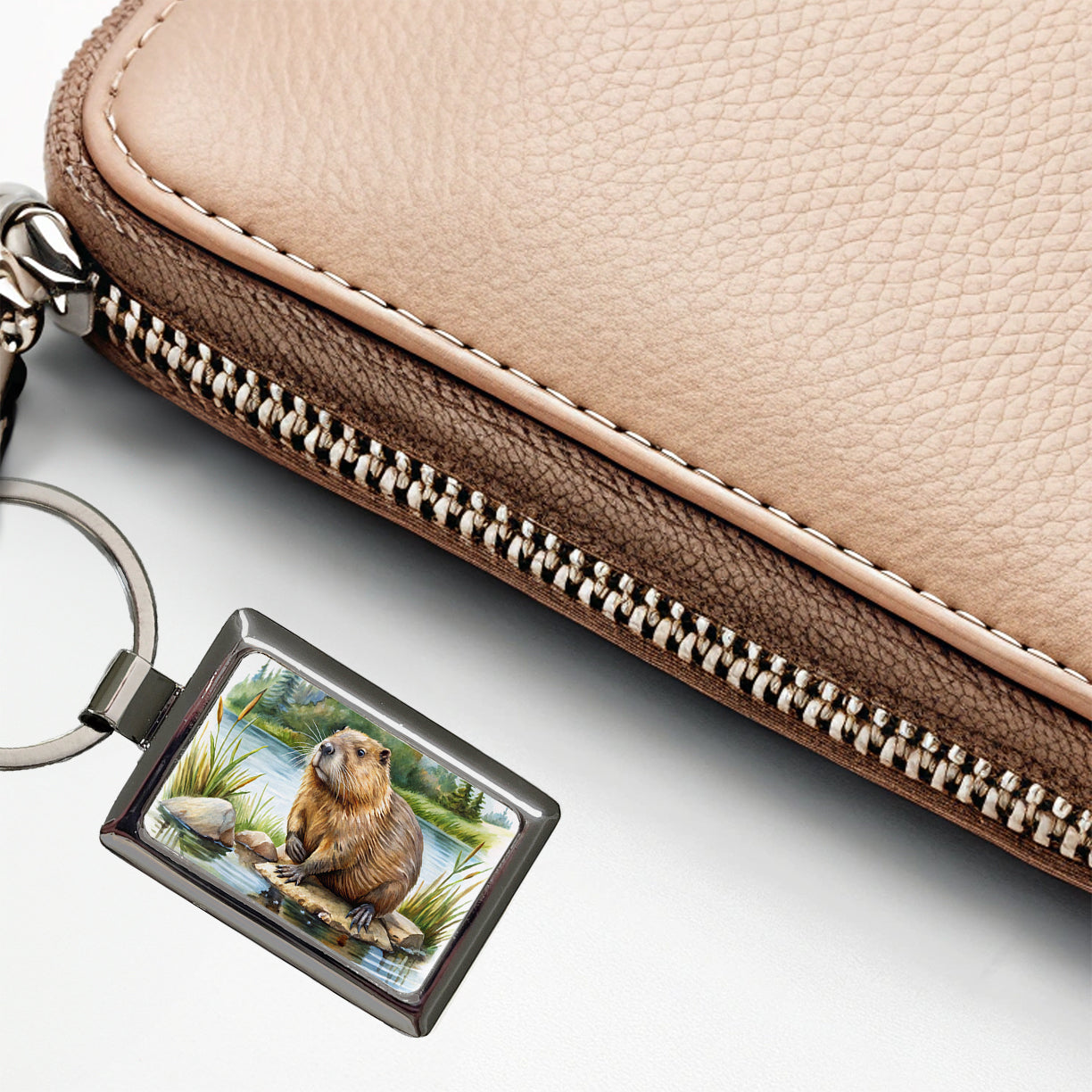 Beaver in the Pond Dam Watercolor Rectangle Metal Keychain