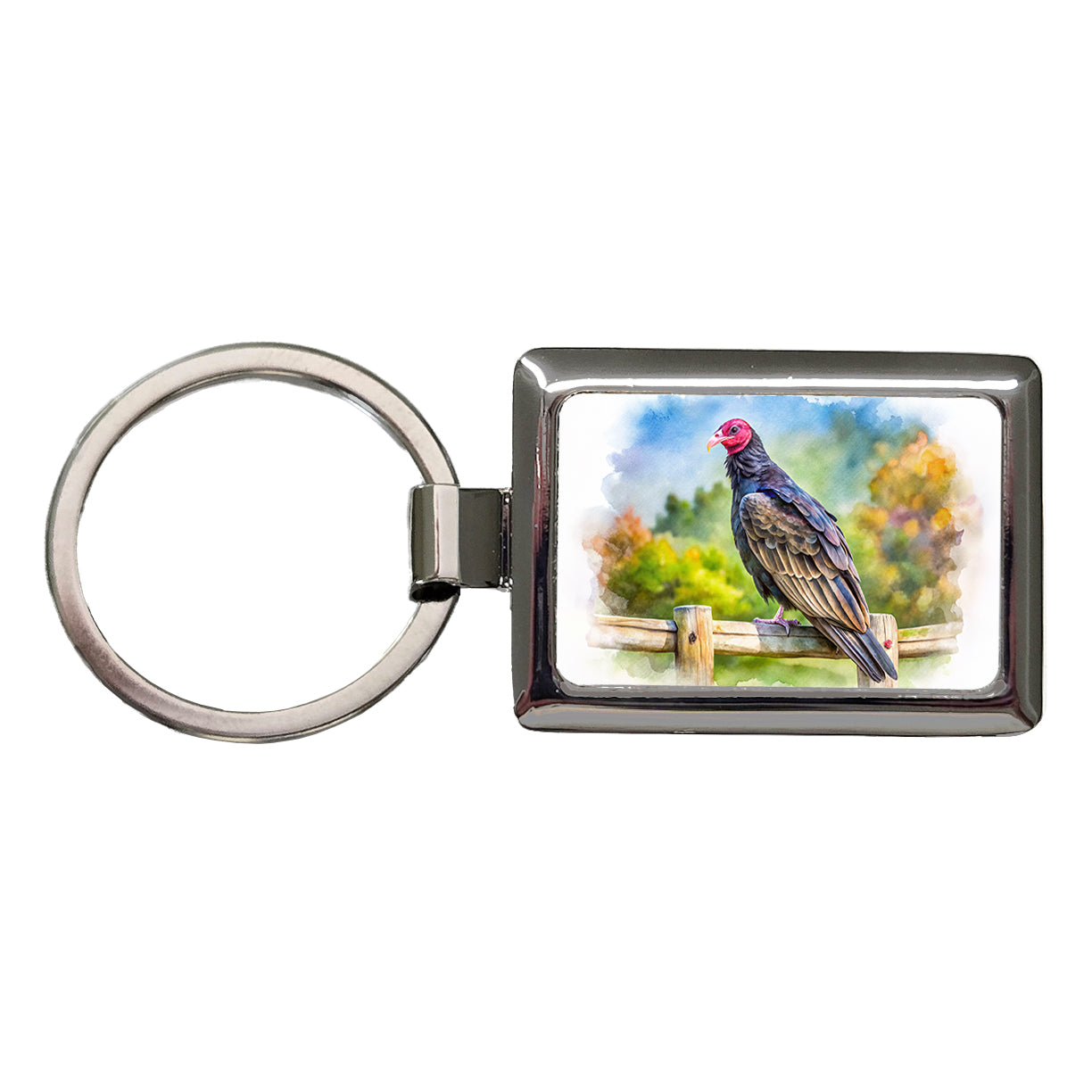 Black Turkey Vulture Sitting On Fence Watercolor Rectangle Metal Keychain
