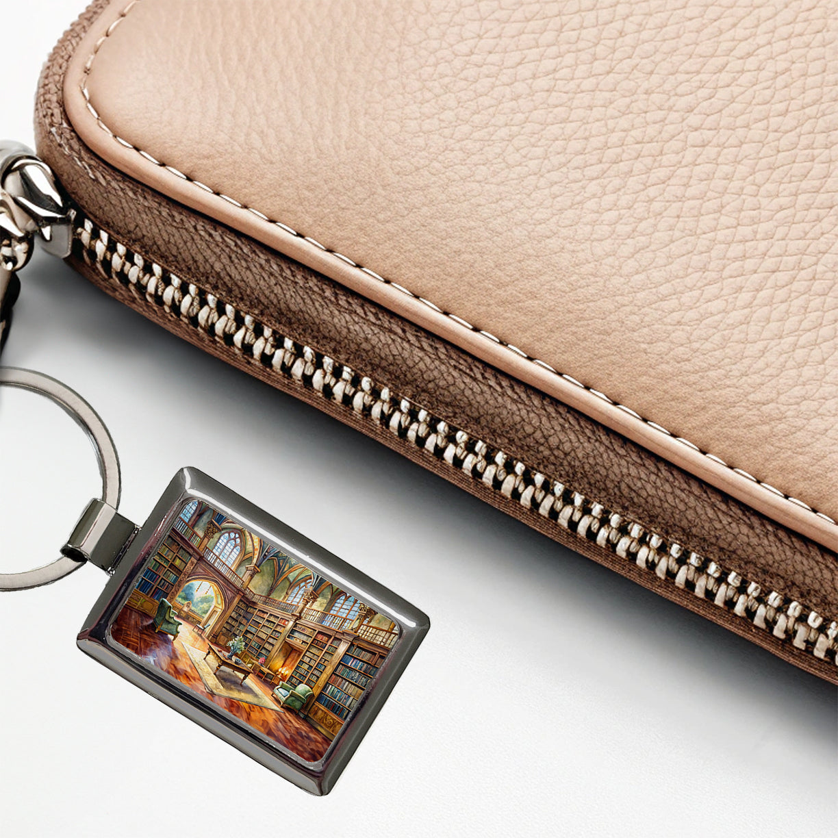 Castle Library Books Reading Watercolor Rectangle Metal Keychain
