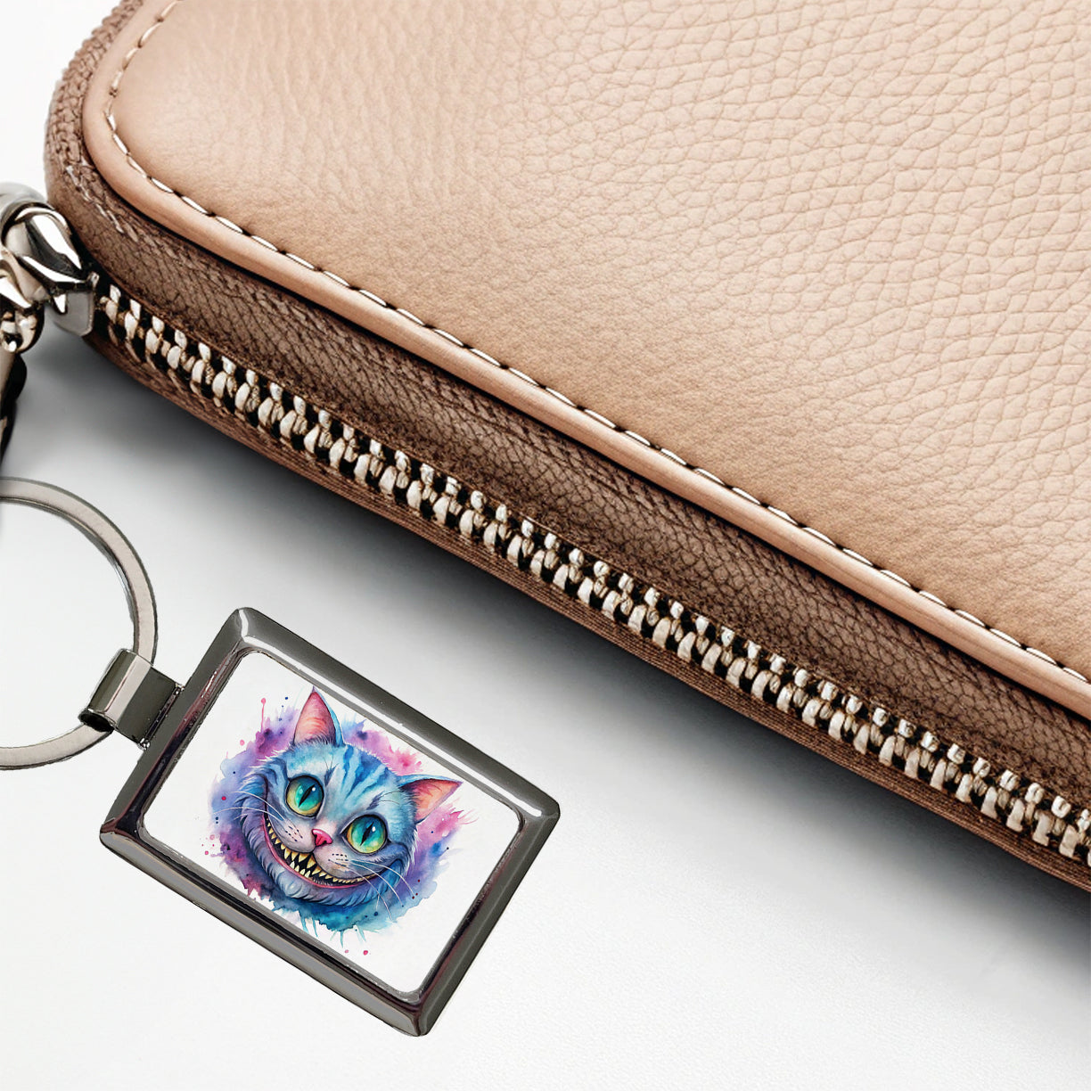 Cheshire Cat Alice in Wonderland Watercolor Rectangle Metal Keychain