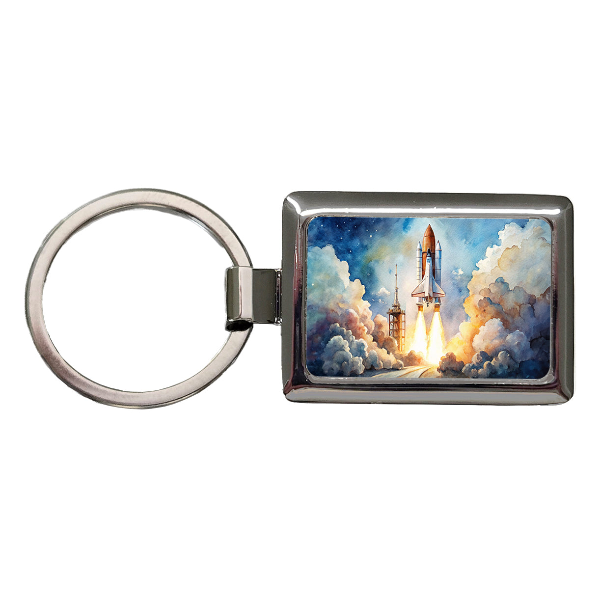 Classic Space Shuttle Launch Watercolor Rectangle Metal Keychain