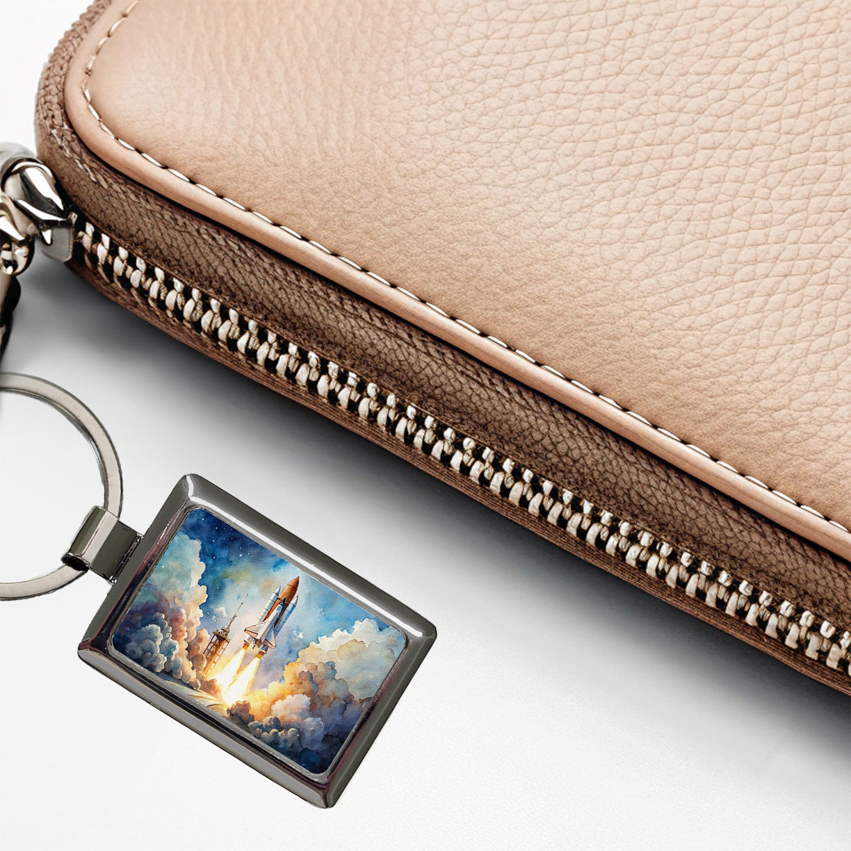 Classic Space Shuttle Launch Watercolor Rectangle Metal Keychain