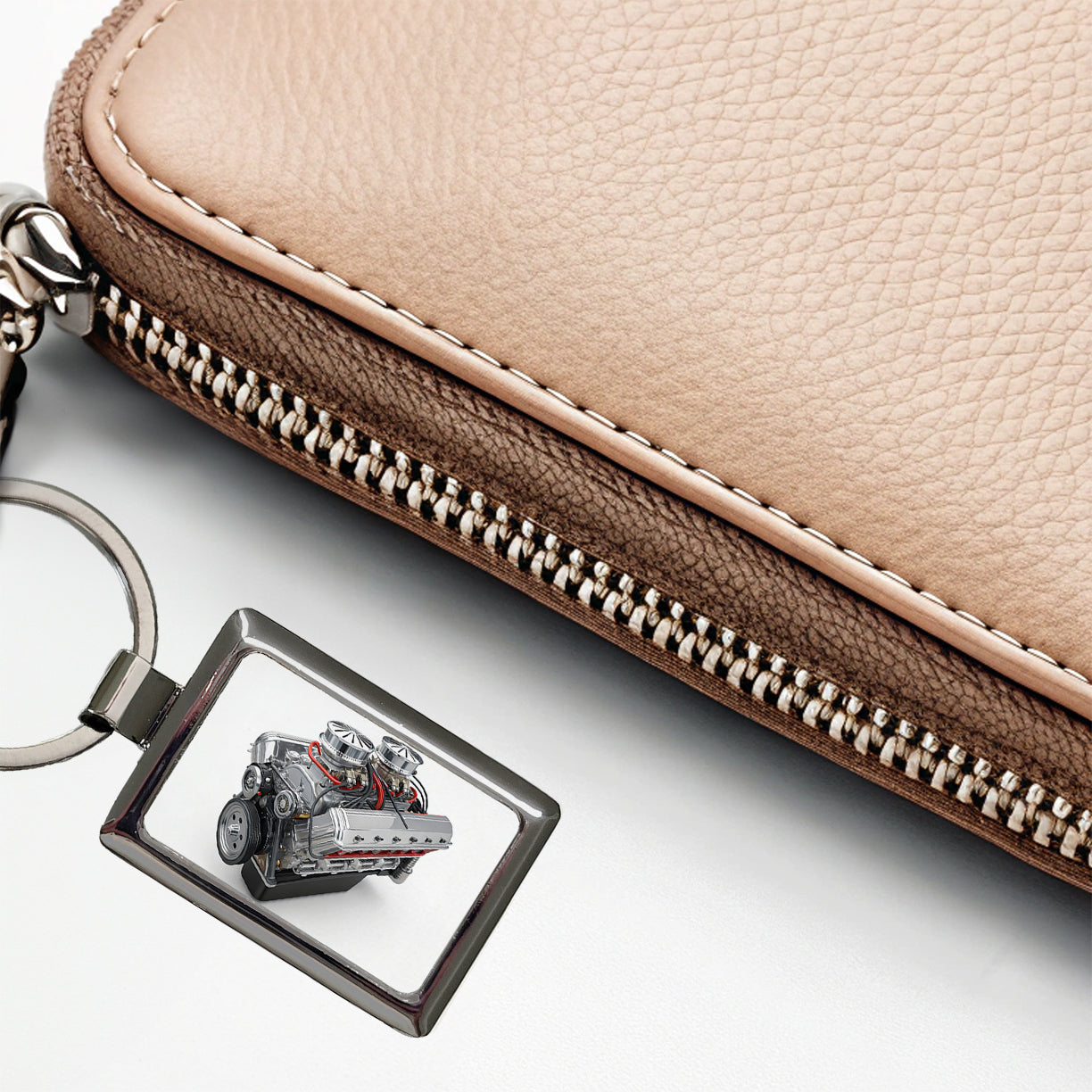 Classic V8 Muscle Car Engine Rectangle Metal Keychain