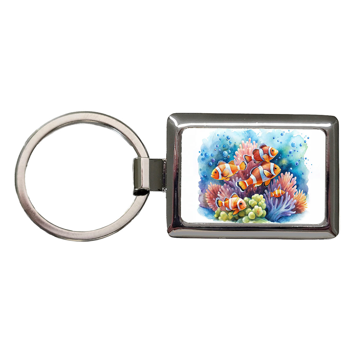 Clown Fish Swimming Around Coral Watercolor Rectangle Metal Keychain