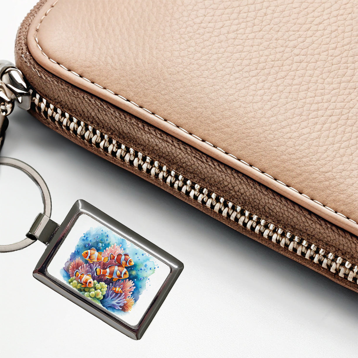 Clown Fish Swimming Around Coral Watercolor Rectangle Metal Keychain