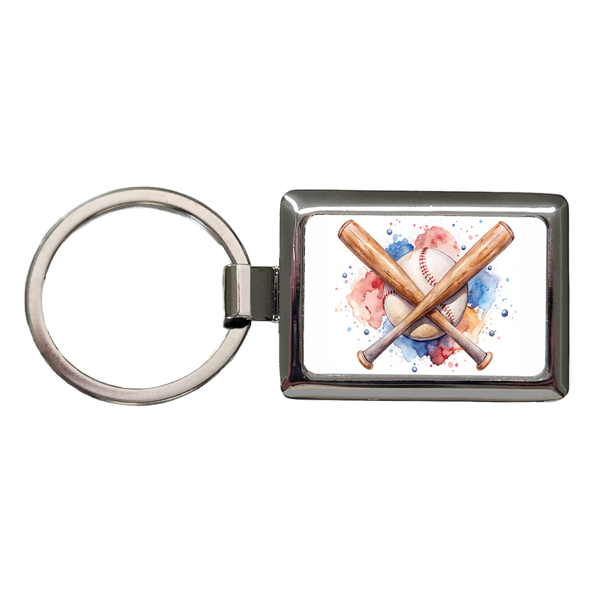 Crossed Baseball Bats And Balls Watercolor Rectangle Metal Keychain