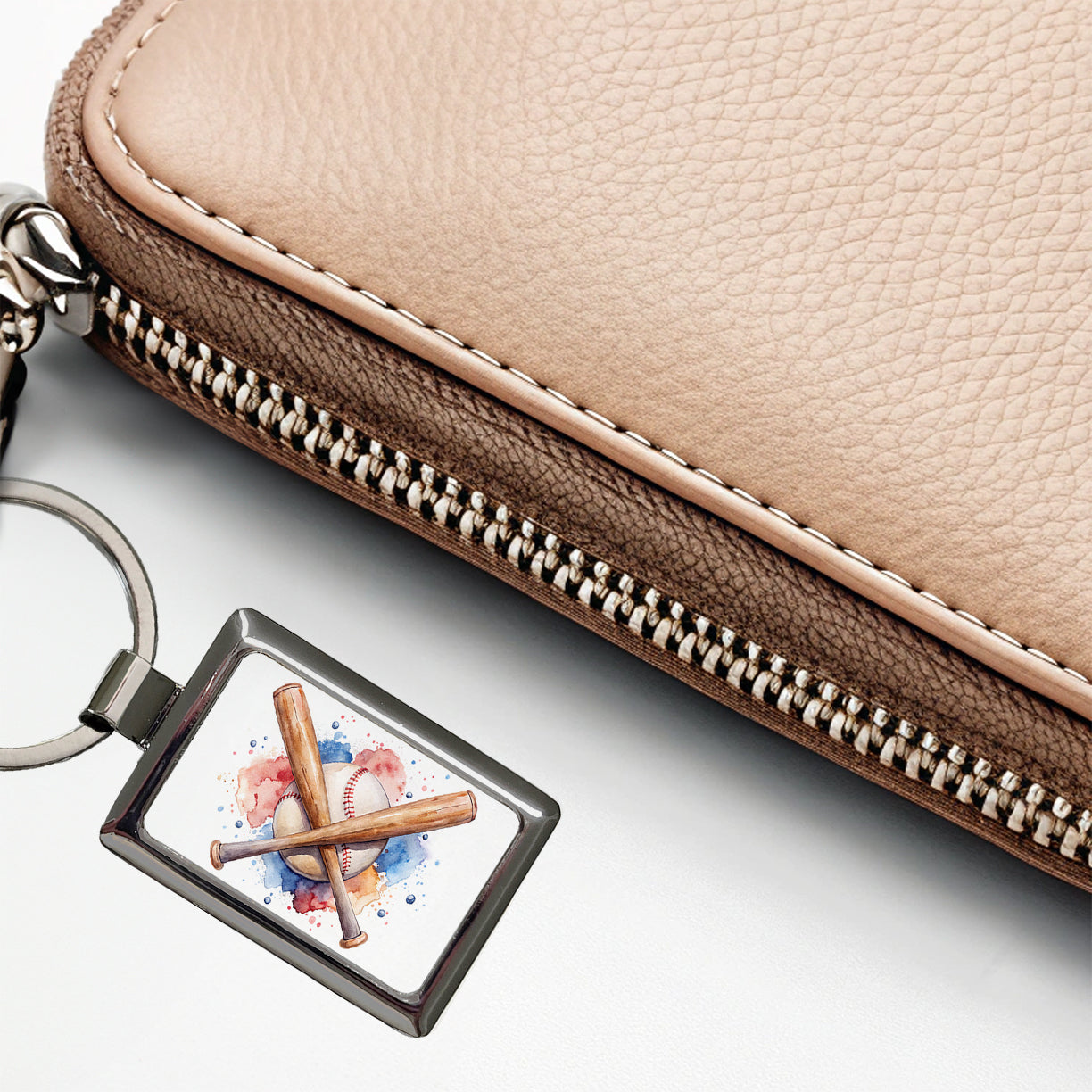 Crossed Baseball Bats And Balls Watercolor Rectangle Metal Keychain