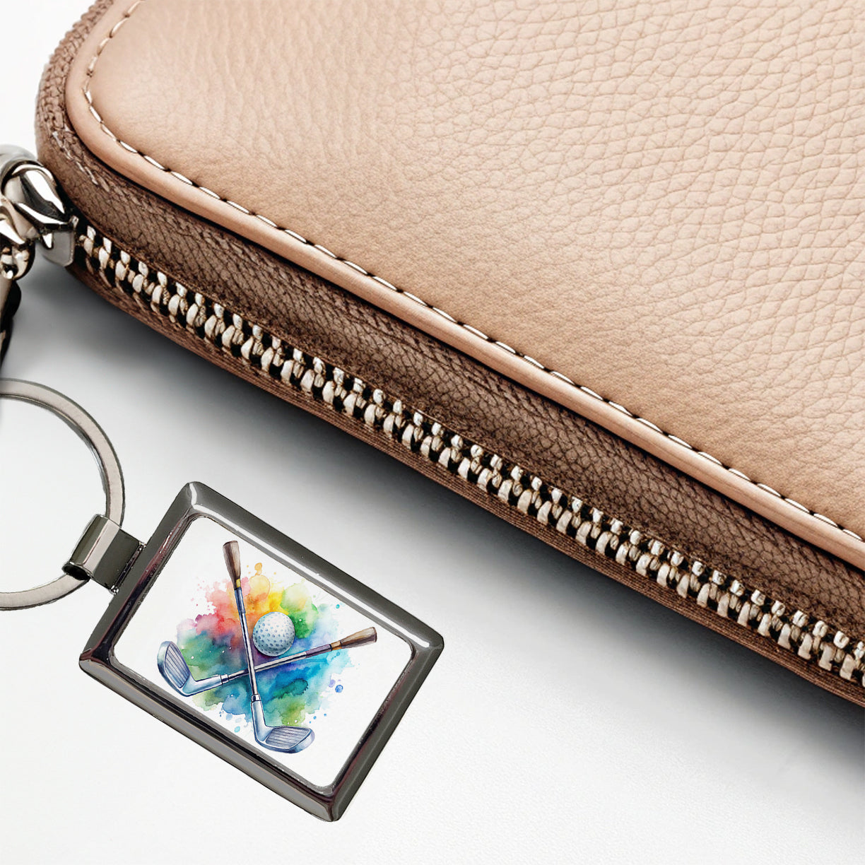 Crossed Golf Clubs And Ball Watercolor Rectangle Metal Keychain