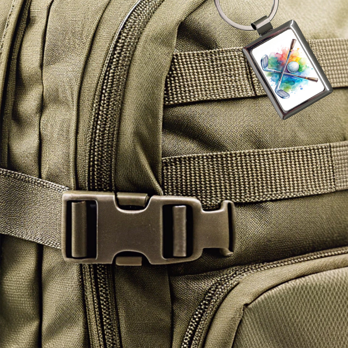 Crossed Golf Clubs And Ball Watercolor Rectangle Metal Keychain